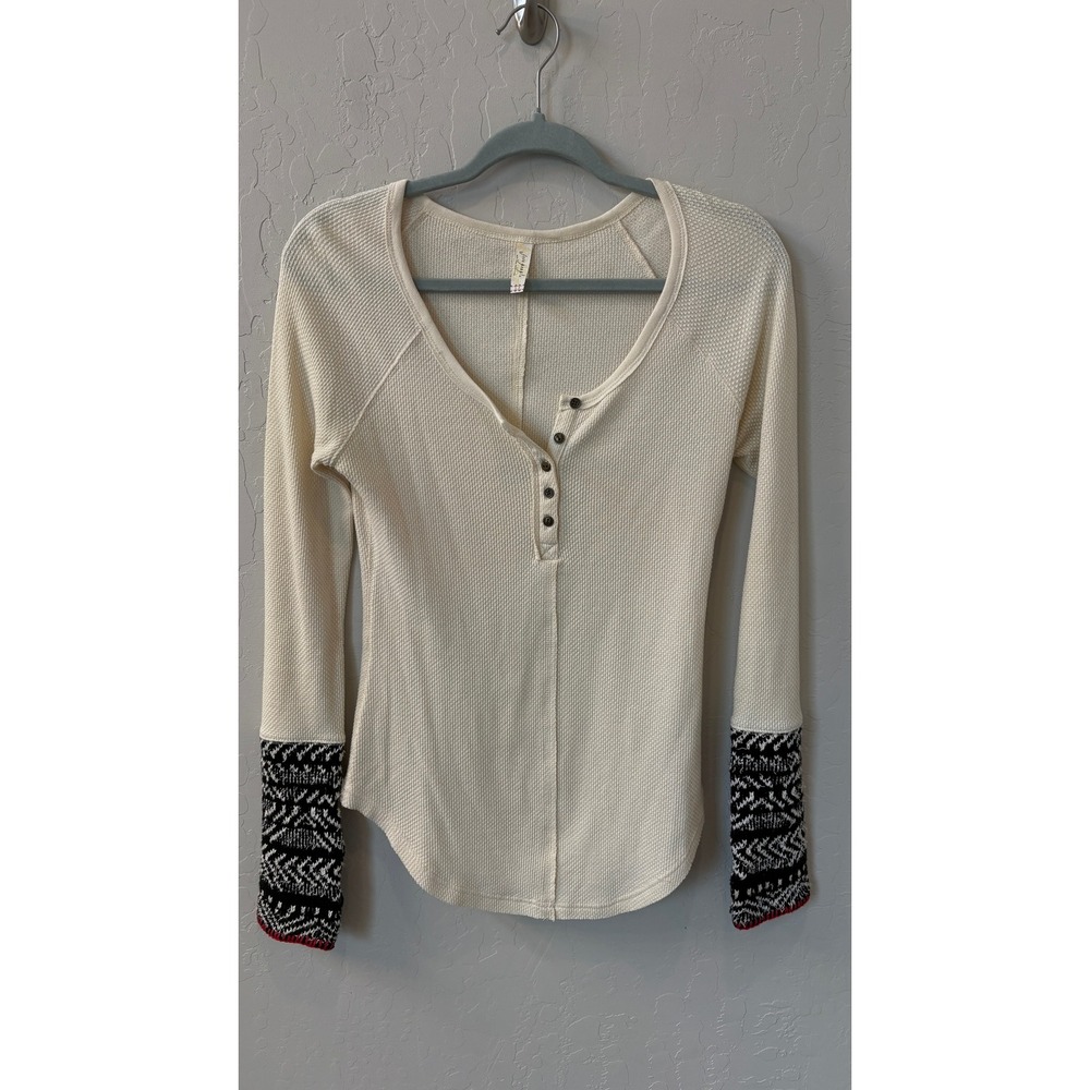 Free People Ivory Waffle Knit Henley Thermal Top Fair Isle Cuffs SP Small Petite